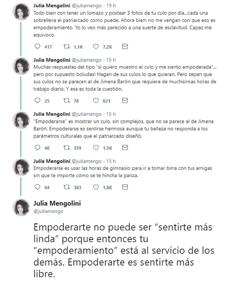 Las palabras de Julia Mengolini generaron controversia en las redes (Foto: captura Twitter)