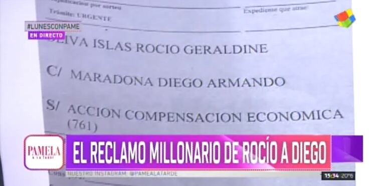 La carátula de la demanda que Rocío Oliva le inició a Diego Maradona (captura de TV)