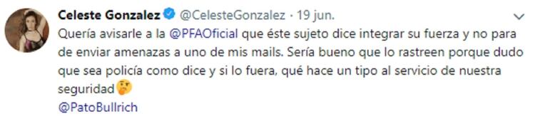 La columnista de Pop Radio denunció a través de su cuenta de Twitter al hombre que la amenazó con ser un efectivo de la Policía Federal Argentina