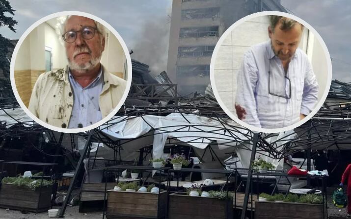 Fotografía de referencia del escritor Héctor Abad y el comisionado Sergio Jaramillo. Detrás imágenes del ataque en Ucrania