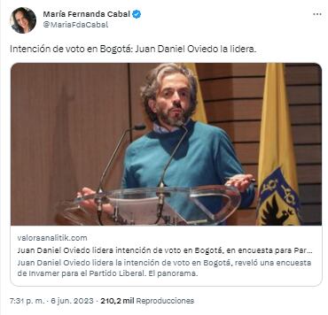 La senadora Cabal señaló: “Intención de voto en Bogotá: Juan Daniel Oviedo la lidera”. Twitter/@MariaFdaCabal.