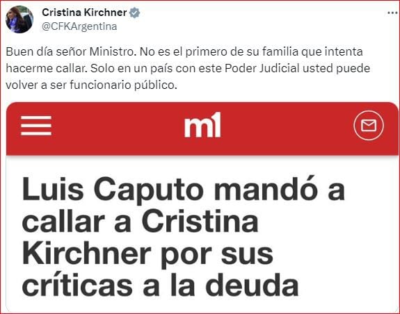 La respuesta de Cristina Kirchner a Luis Caputo en X