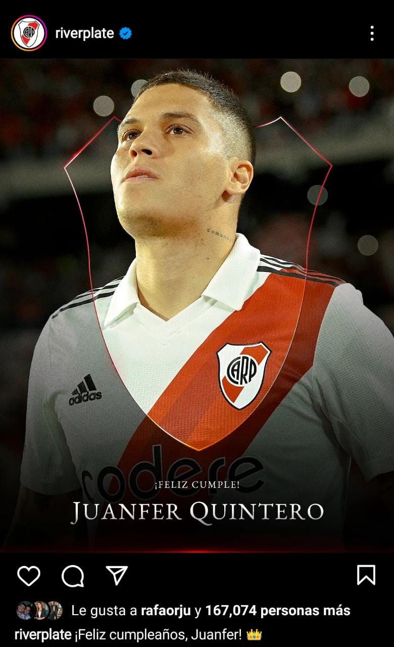 River Plate felicitó a Juan Fernando Quintero por su cumpleaños