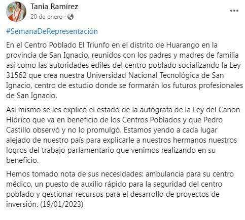 Post de la congresista Tania Ramírez.