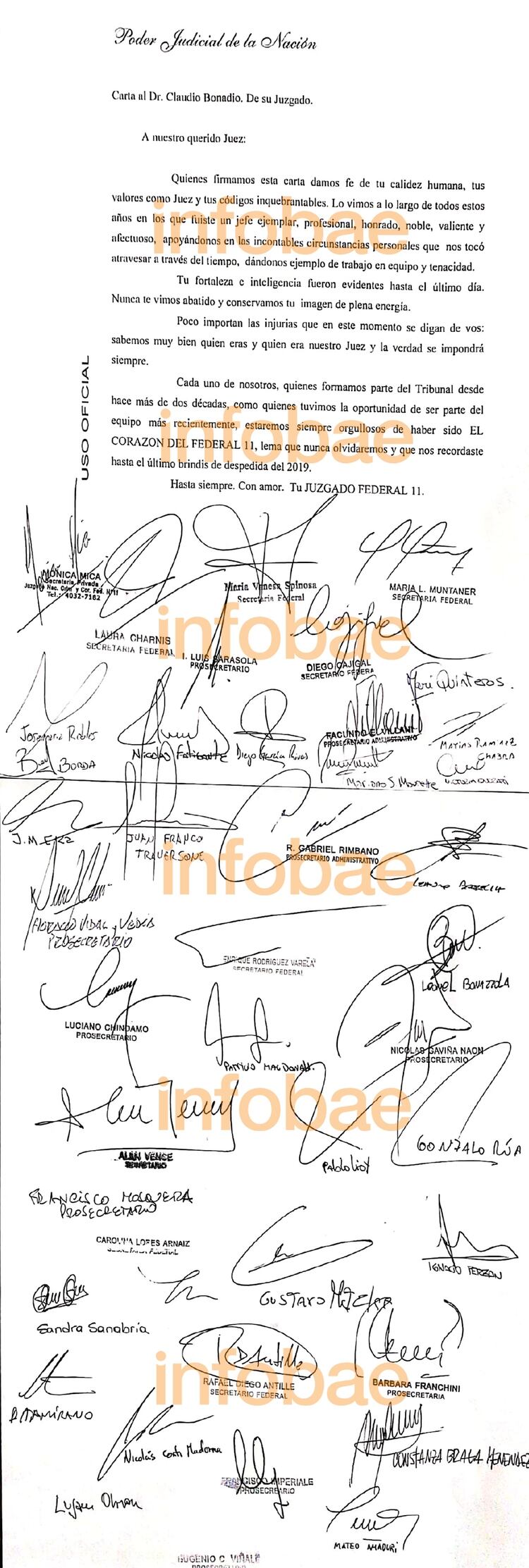 La carta de los empleados que trabajaron con Bonadio