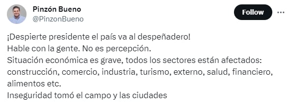 Juan Carlos Pinzón pidió a Gustavo Petro “despertar” ante la situación económica que atraviesa el país- crédito @PinzonBueno/ X