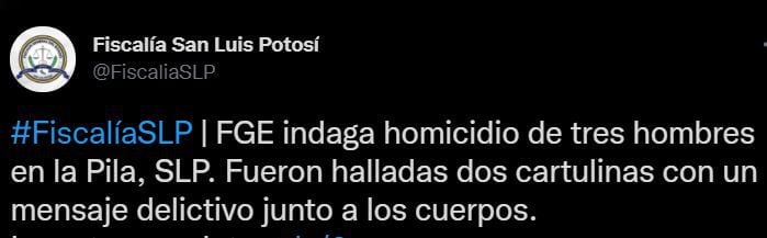 San Luis Potosí. Fueron abandonados tres cuerpos en La Pila (Foto: Twitter/FiscaliaSLP)