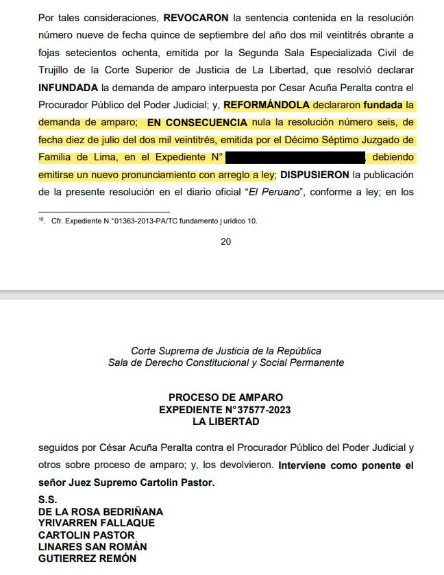 Sala Suprema Constitucional declara fundado amparo de César Acuña y anula pensión de 90 mil soles a favor de su último hijo