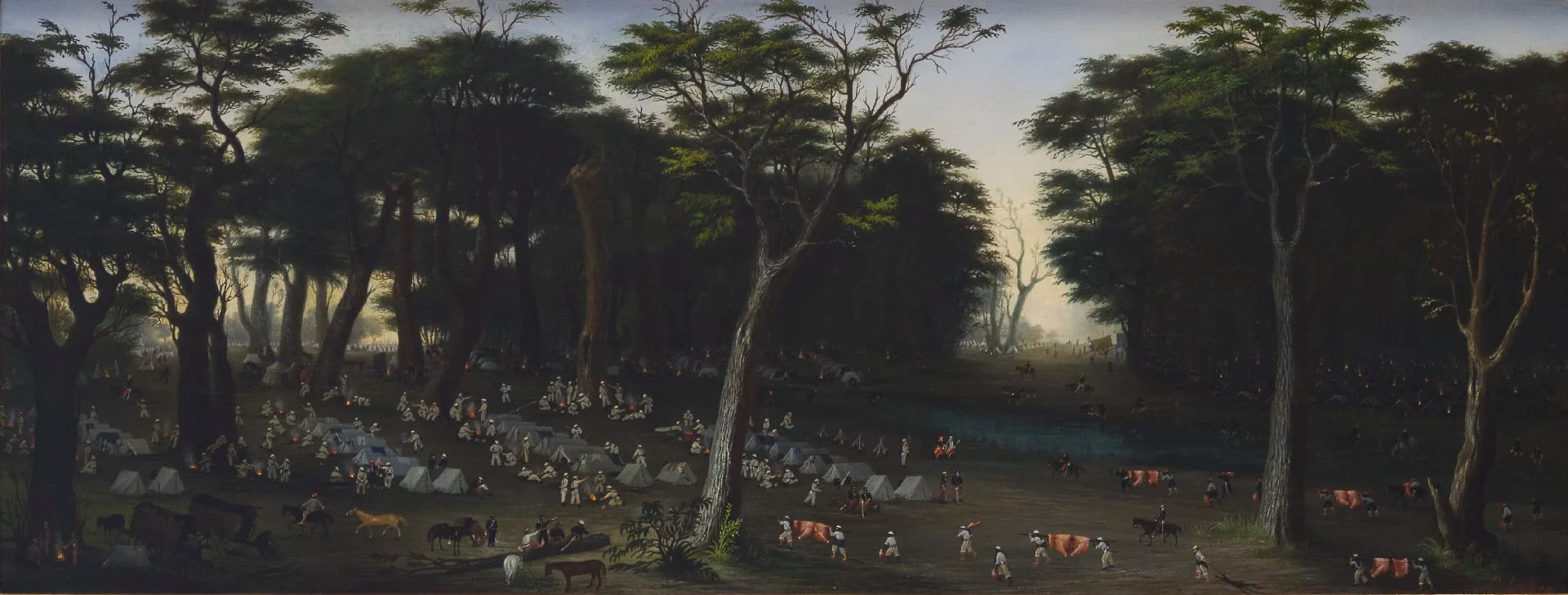 "Campamento argentino en los montes de la costa del río Paraná, frente a Itapirú, abril 12 de 1866. Provincia de Corrientes". Óleo pintado entre 1876 y 1885 (Colección MHN)