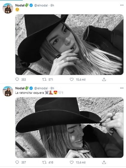 La imagen llamó la atención porque Belinda usaba el característico sombrero de Nodal, así como un look muy formal con un saco negro y accesorios discretos. (Foto: Twitter de Christian Nodal)