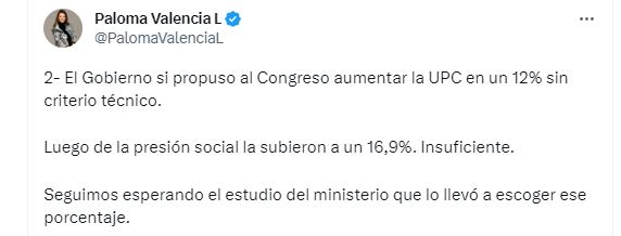 La senadora aseguró que el Gobierno nacional aumentó el UPC sin estudio - crédito @PalomaValenciaL / Twitter
