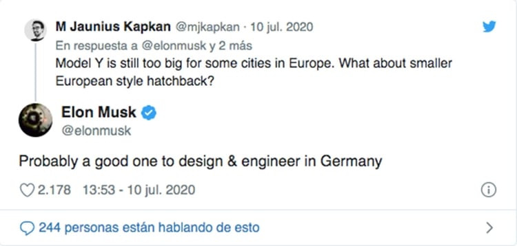 La respuesta de Musk en Twitter, donde da indicios sobre lo que viene en Berlín.