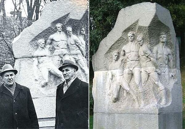 Yossif Balakin e Igor Goncharenko junto al monumento que recuerda el partido de la muerte