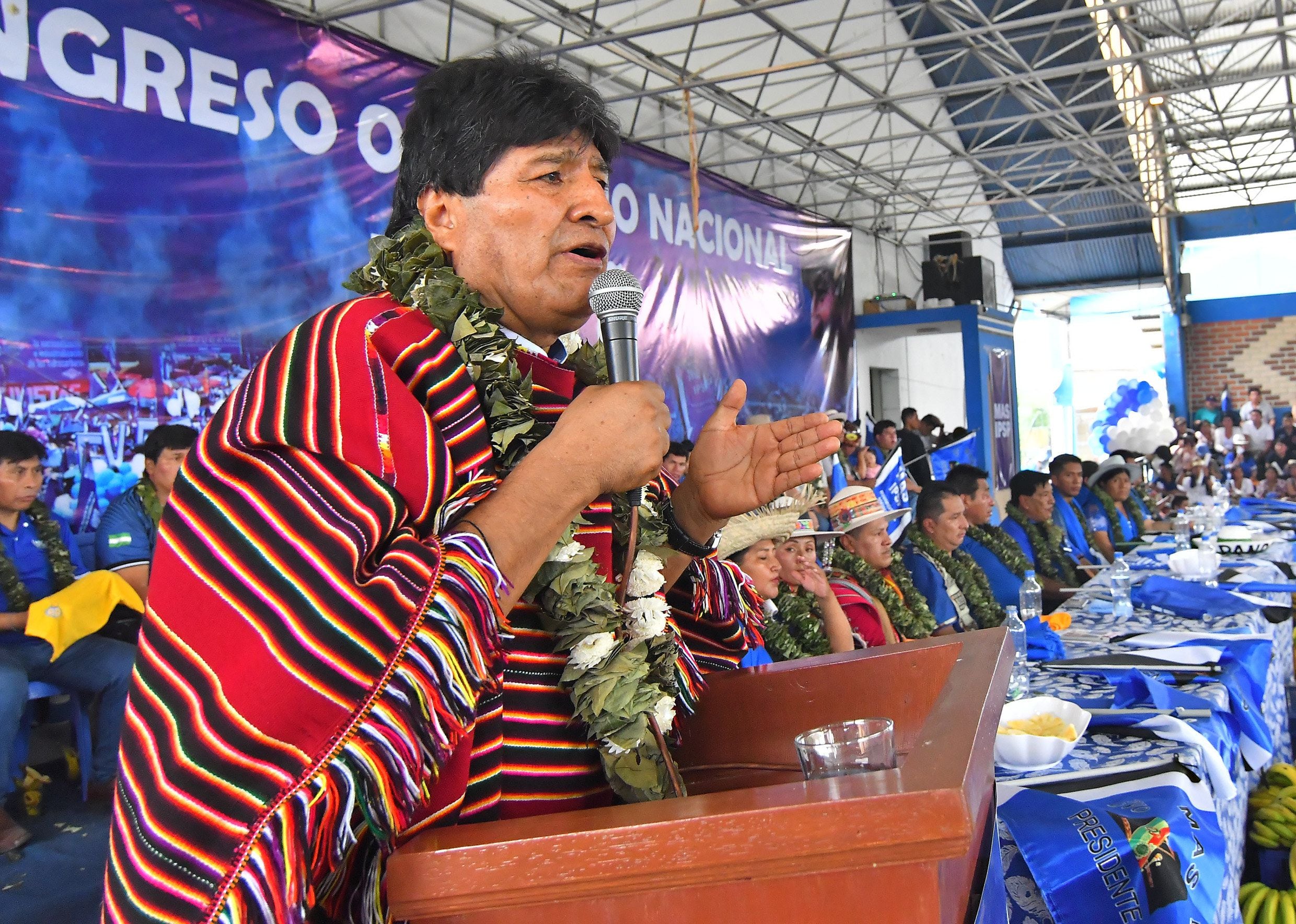Evo Morales addresses the conference of the Movement Towards Socialism (MAS) in Lauca Ñ on Tuesday (EFE/Jorge Abrego).