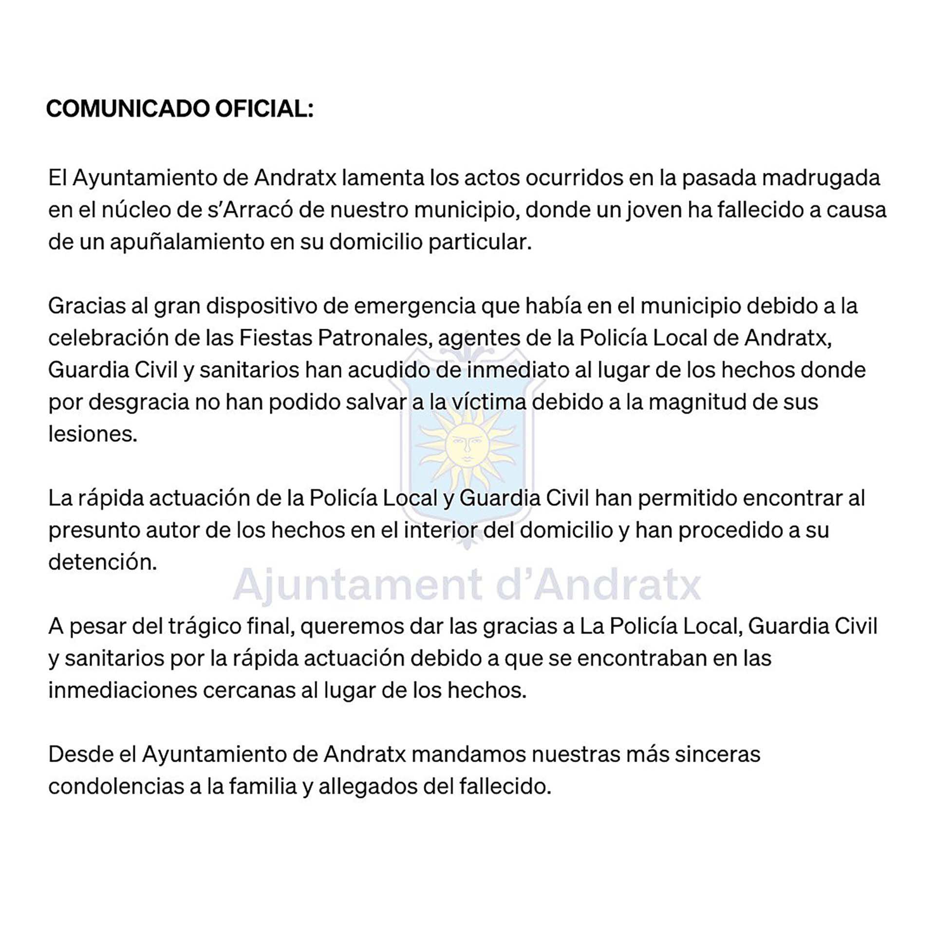 Comunicado oficial del Ayuntamiento de Andratx.