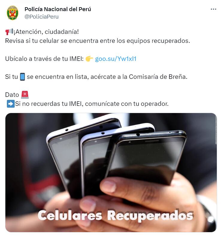 PNP publica listado de celulares recuperados