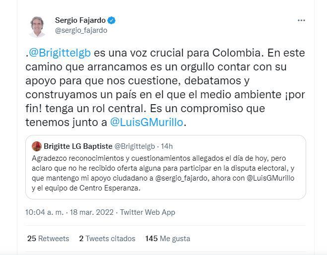 Brigitte Baptiste a exclu Gutiérrez et réaffirmé qu'elle votera pour Fajardo. Photos : Colprensa.