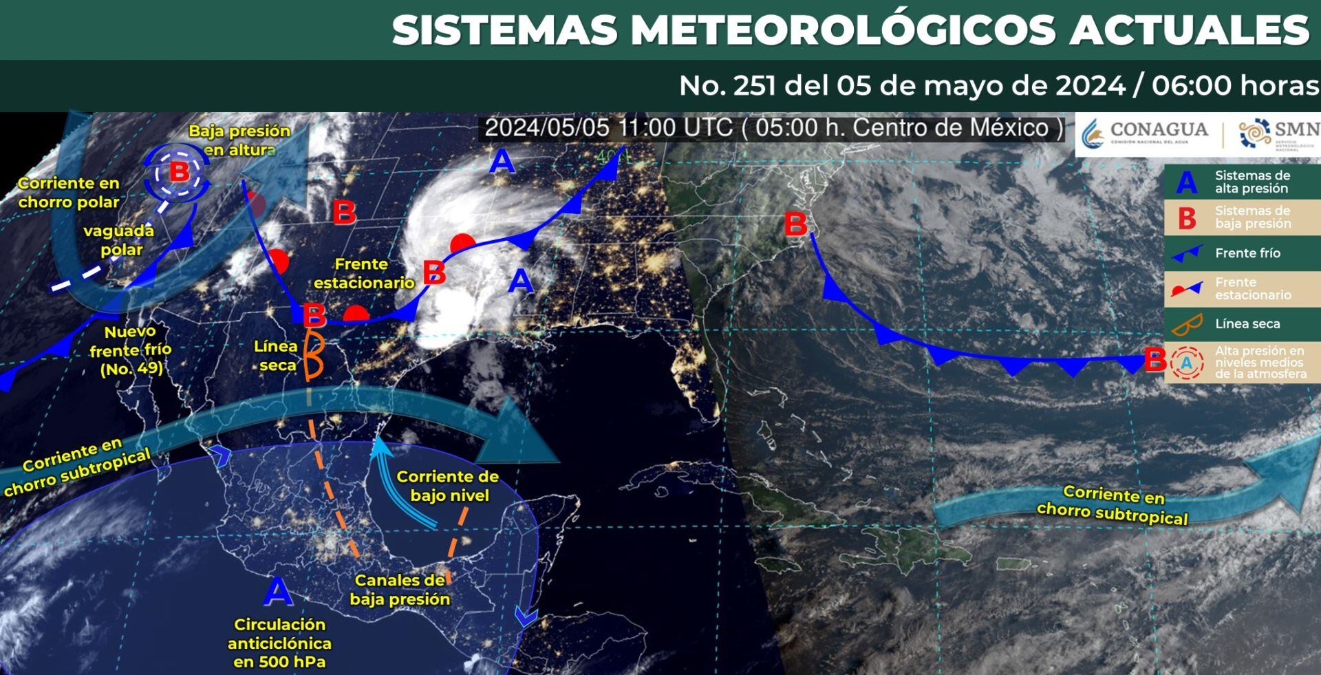 Mapa del SMN que muestra los sistemas meteorológicos que influirán en el clima de México ghy 5 de mayo