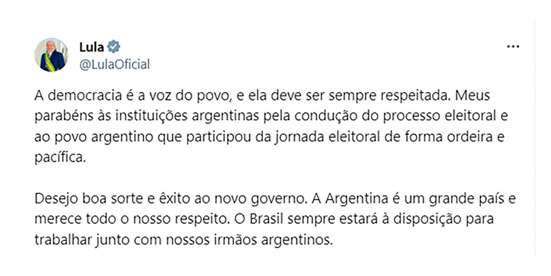 Tuit Lula elecciones 2023
