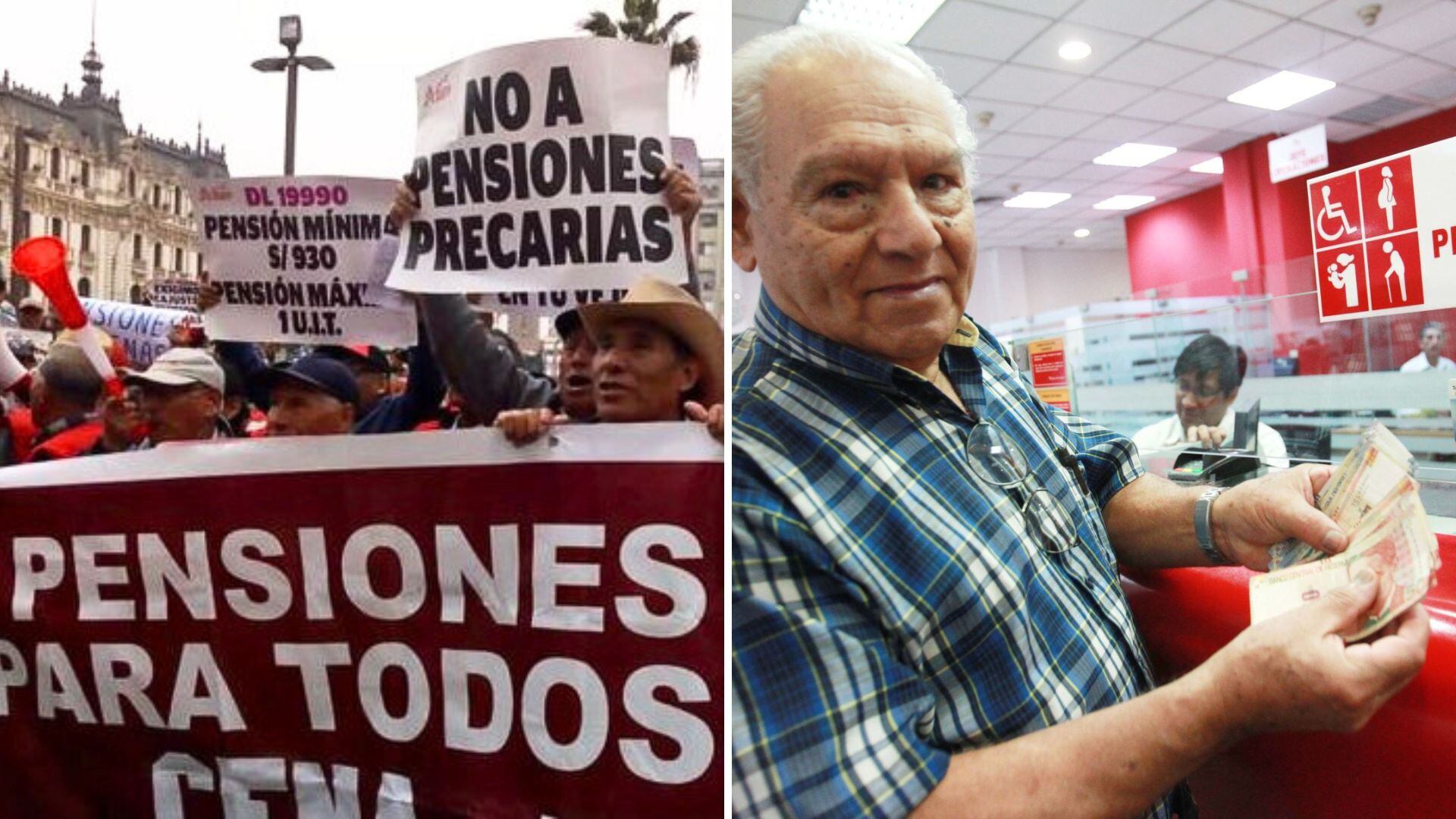 Marcha de pensionistas, y jubilado cobrando su pensión