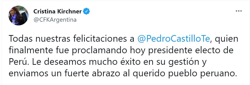 La felicitación de Cristina Fernández a Pedro Castillo, quien se anticipó al presidente argentino, luego de la proclamación oficial del JNE  
