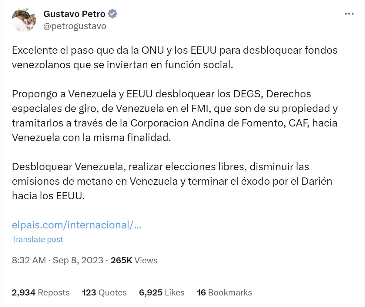 El presidente Gustavo Petro propuso que se liberen los Derechos especiales de giro de Venezuela en el FMI - crédito Gustavo Petro/X