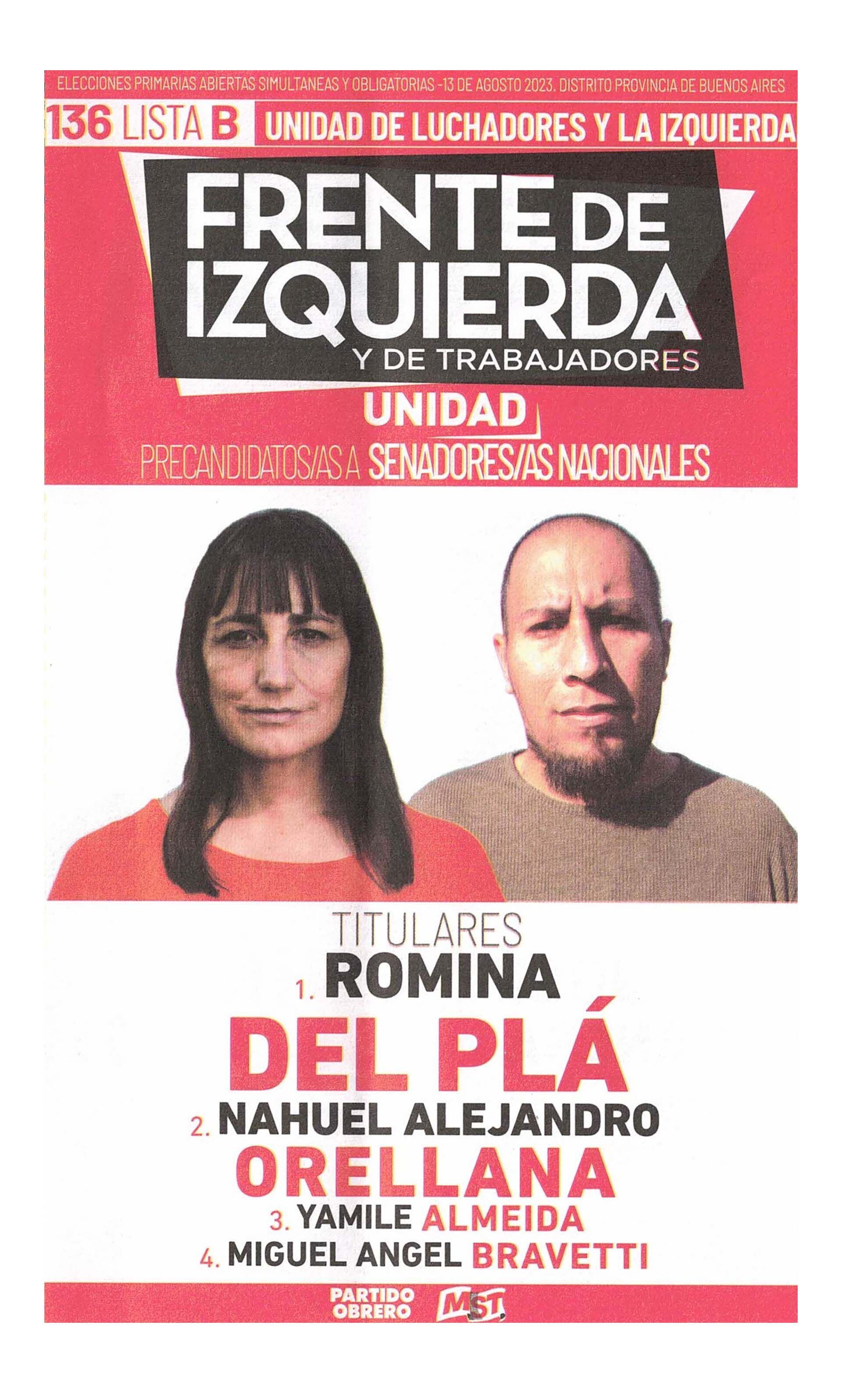 La boleta oficial de Romina del Plá de precandidatos a senadores nacionales de Buenos Aires