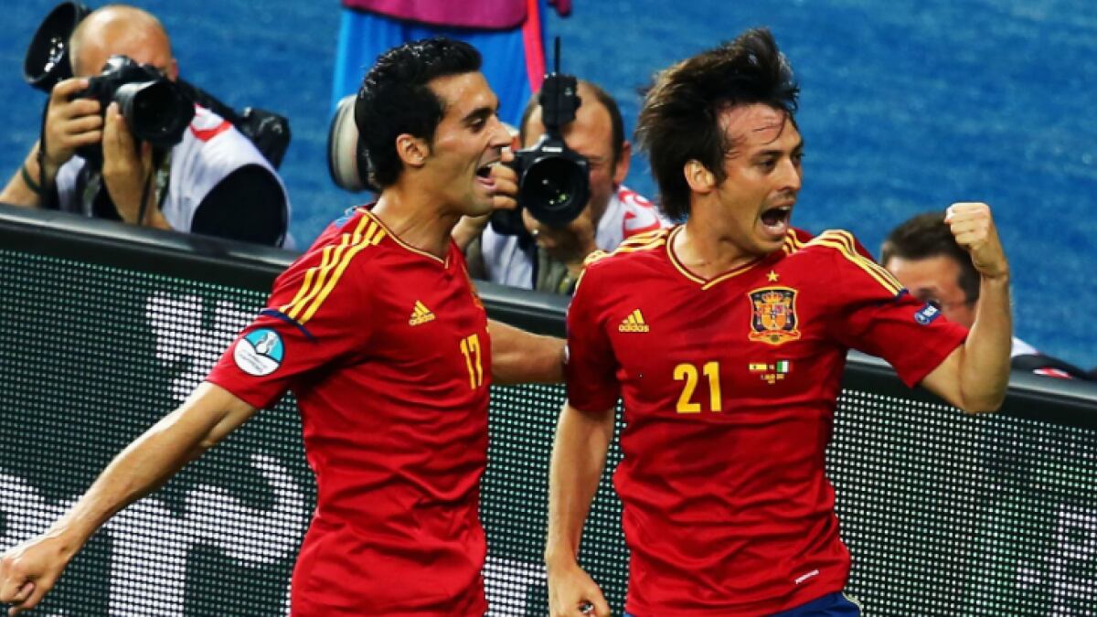 David Silva celebra el gol en la final de la Eurocopa 2012 que enfrentó a España y a Italia.
