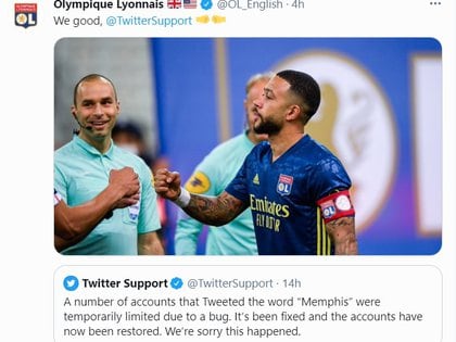 "Todo bien, Twitter", escribió el Olympique de Lyon