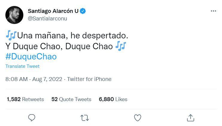 Santiago Alarcón reacciona al fin del gobierno de Iván Duque. Foto: Twitter