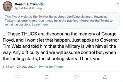 Una captura de pantalla de un tweet del Presidente de los Estados Unidos Donald Trump publicado el 29 de mayo de 2020. Twitter/@realDonaldTrump vía REUTERS