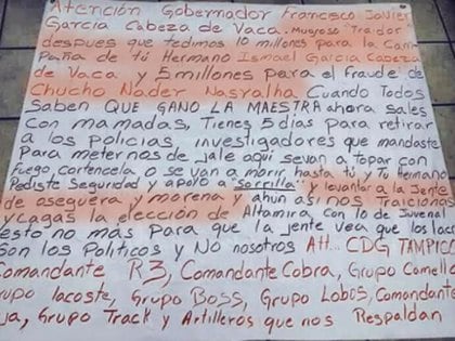 En 2019 aparecieron dos narcomantas que advertían que García Cabeza de vaca no cumplió con un presunto acuerdo de "permitirle operar al Cártel del Gofo  en el estado (Foto: Archivo)