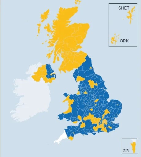 Escocia e Irlanda del Norte votaron por la permanencia, mientras que Gales e Inglaterra, por el Brexit (BBC)