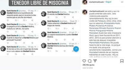 El posteo que Claribel Medina publicó en su cuenta de Instagram con los violentos tuits que había escrito Santiago Socino. Luego de hablar en privado con el deportista decidió eliminarlo