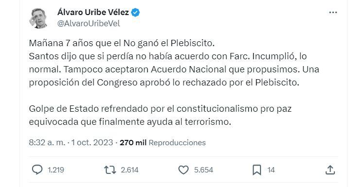 Con este mensaje en su cuenta de X (Twitter), el expresidente Álvaro Uribe se refirió sobre los siete años del plebiscito - crédito @alvarouribevel