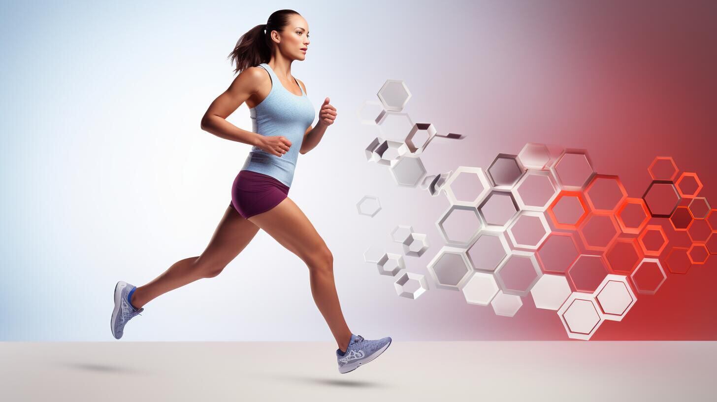 Persona corriendo rodeada de moléculas y átomos de colores, ilustrando la conexión entre el ejercicio, la vitalidad y la salud a nivel molecular. Energía en movimiento. (Imagen ilustrativa Infobae)