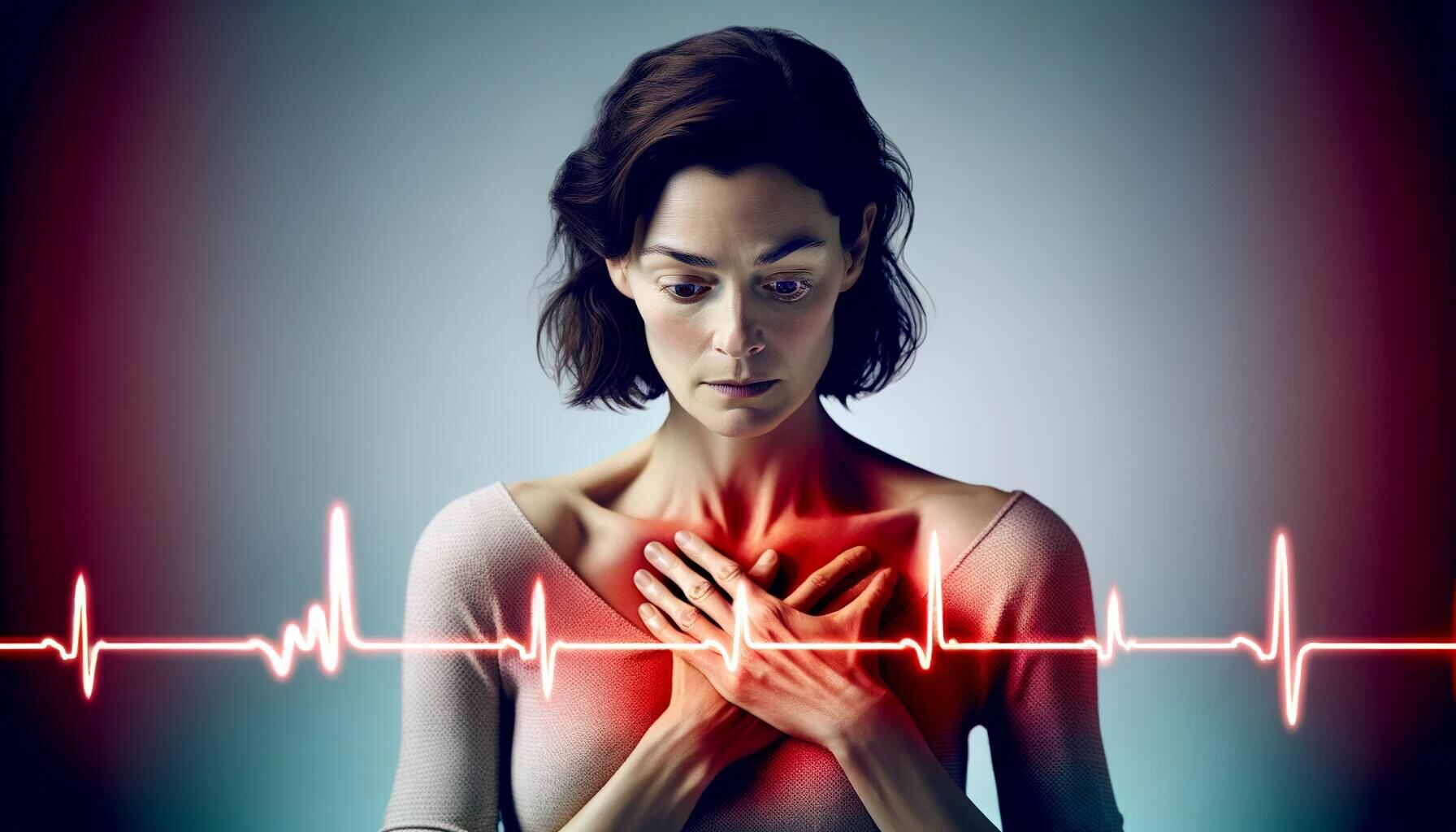 Imagen gráfica de una persona expresando dolor en el pecho, resaltado en rojo. Se visualiza una representación de electrocardiograma. Conciencia sobre riesgos cardíacos, cuidado del corazón y la importancia de la salud. (Imagen ilustrativa Infobae)