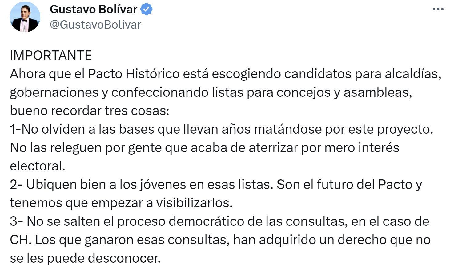 Las exigencias de Gustavo Bolívar al Pacto Histórico para definir candidatos