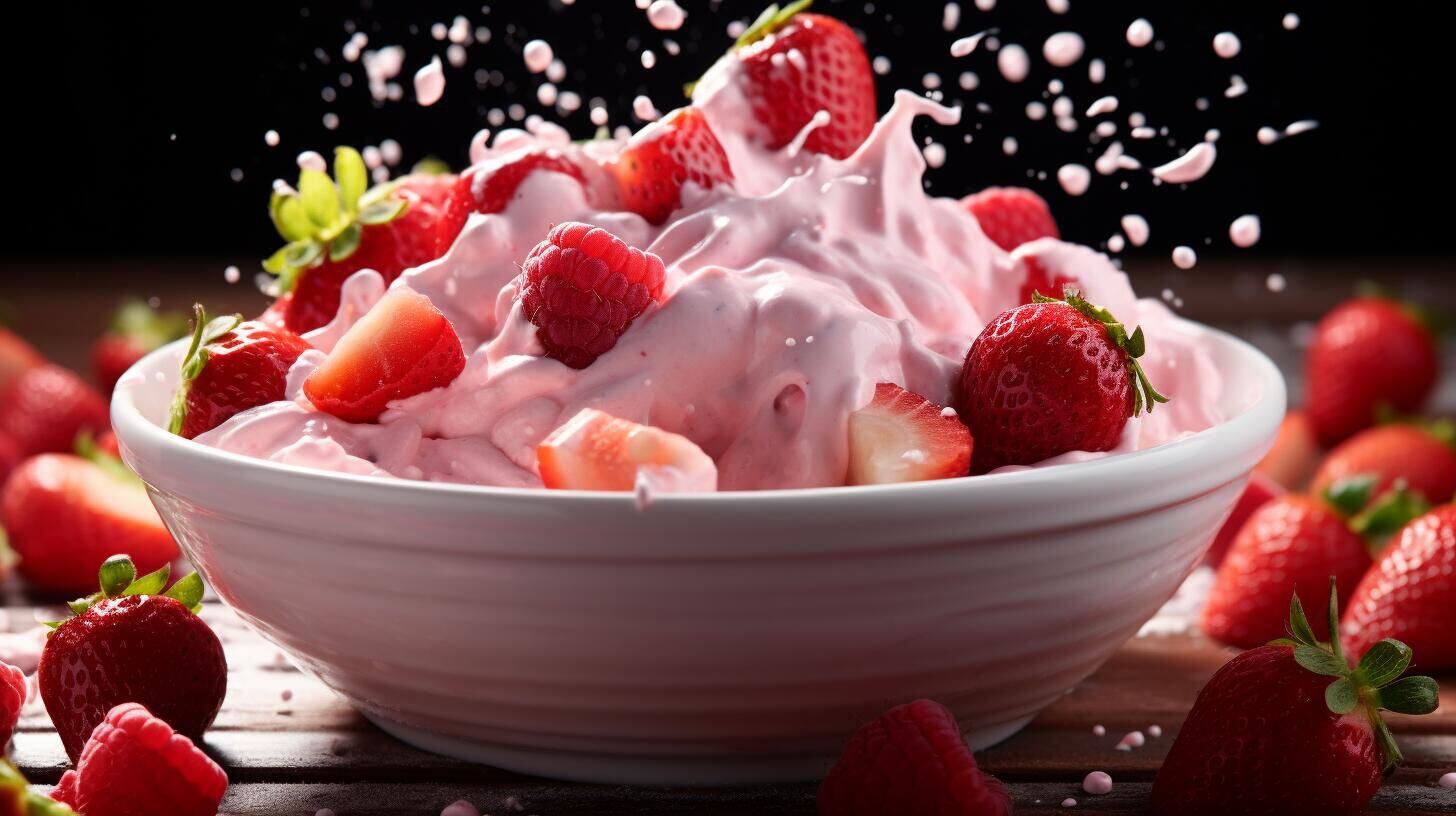 Tazón blanco lleno de fresas suculentas y yogurt cremoso. La mezcla de colores y texturas crea una experiencia visual indulgente. Un desayuno fresco y saludable que invita a disfrutar de la dulzura de las frutas. (Imagen ilustrativa Infobae)