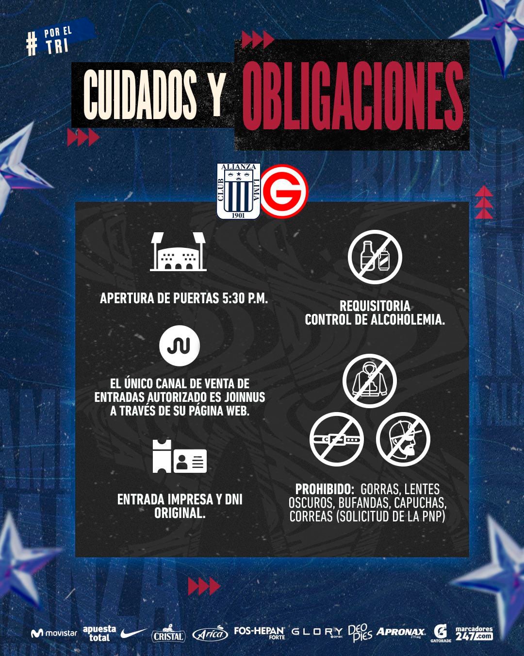 Recomendaciones para los asistentes que acudirán al estadio Alejandro Villanueva.