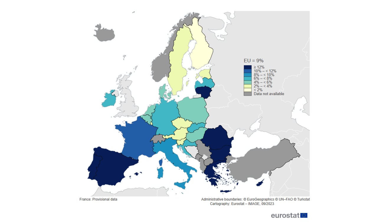 Mapa de Europa que refleja la "incapacidad para mantener el hogar adecuadamente caliente" en 2022. (Eurostat)