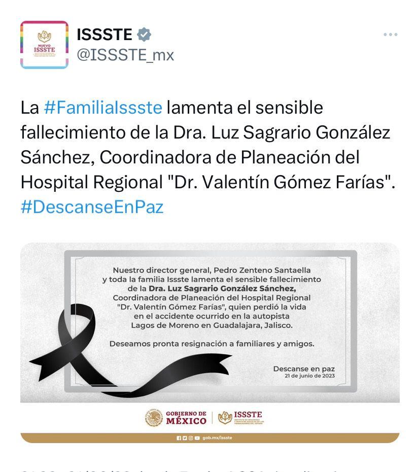 ISSSTE sobre el fallecimiento de Luz Sagrario González Sánchez