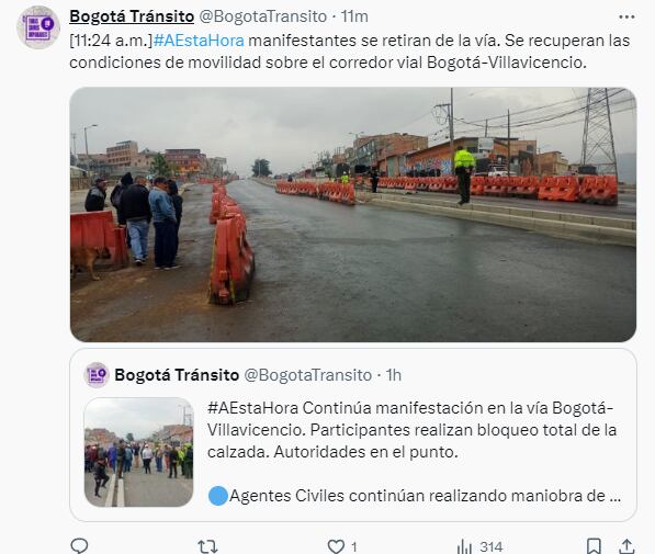 Se levanta el bloqueo de manifestantes en Usme - crédito @BogotaTransito/X