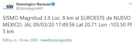 Se reporta sismo de 3.9 en Jalisco (Foto: Twitter)