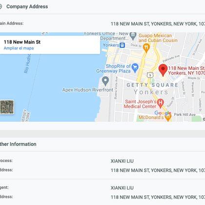 Xianxi Liu, el agente registrado de Bytedance E-Commerce Inc., la empresa dueña de TikTok en el estado de Nueva York aparece en el registro de empresas con la misma dirección que la panadería Foto: (Registro de empresas newyork-company.com)