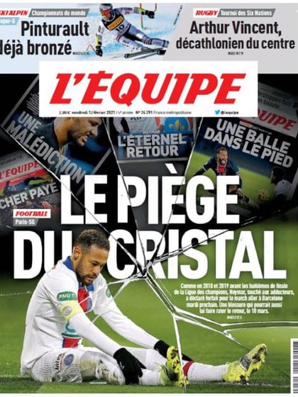 La portada de L'Equipe sobre una nueva lesión de Neymar (Foto: L'Equipe)