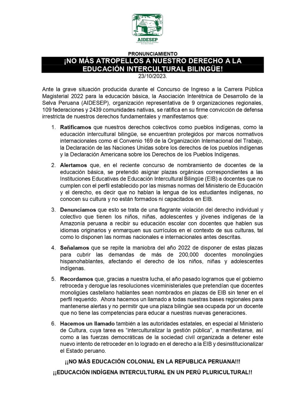 Pronunciamiento de la Asociación Interétnica de Desarrollo de la Selva Peruana (Aidesep).
