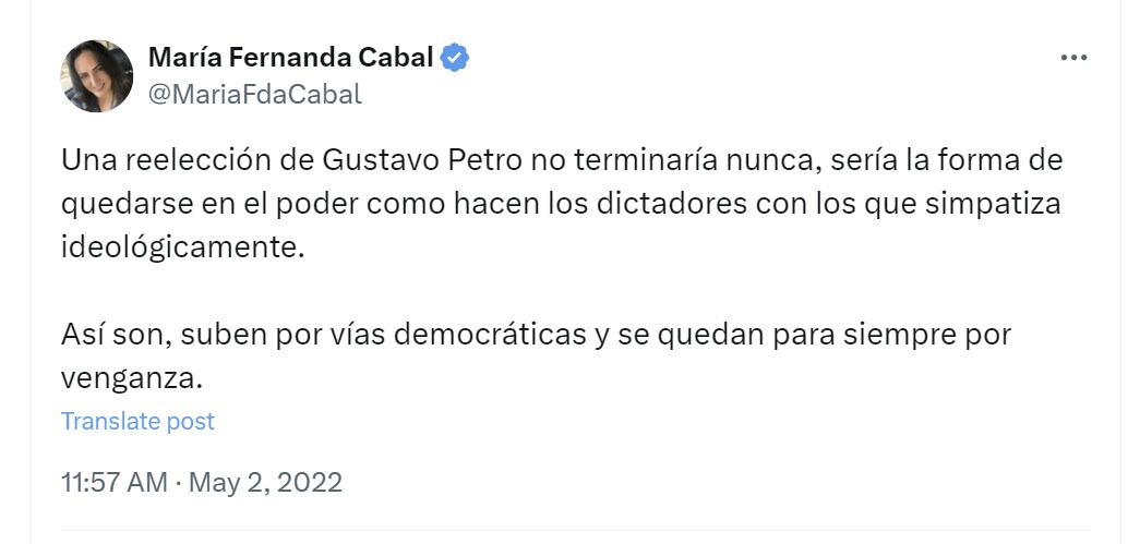 María Fernanda Cabal se refirió a una posible reelección de Gustavo Petro como presidente - crédito @MariaFdaCabal/X
