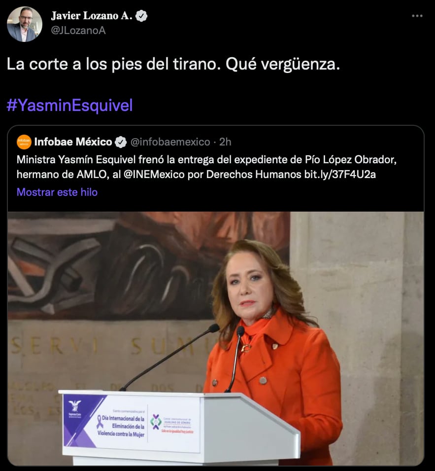 Javier Lozano cuestionó el papel de Yasmín Esquivel (Foto: Twitter/@JLozanoA)