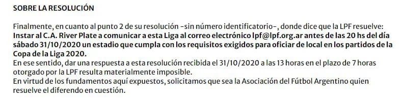 River aclaró que resulta “materialmente imposible” poder dar una respuesta al cambio de estadio